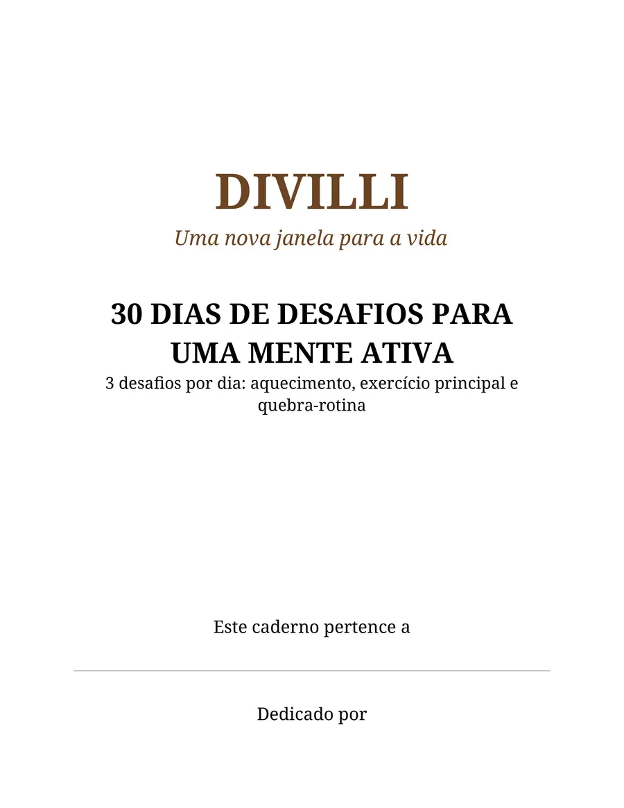 Capa do caderno DIVILLI 30 Dias de Desafios para uma Mente Ativa