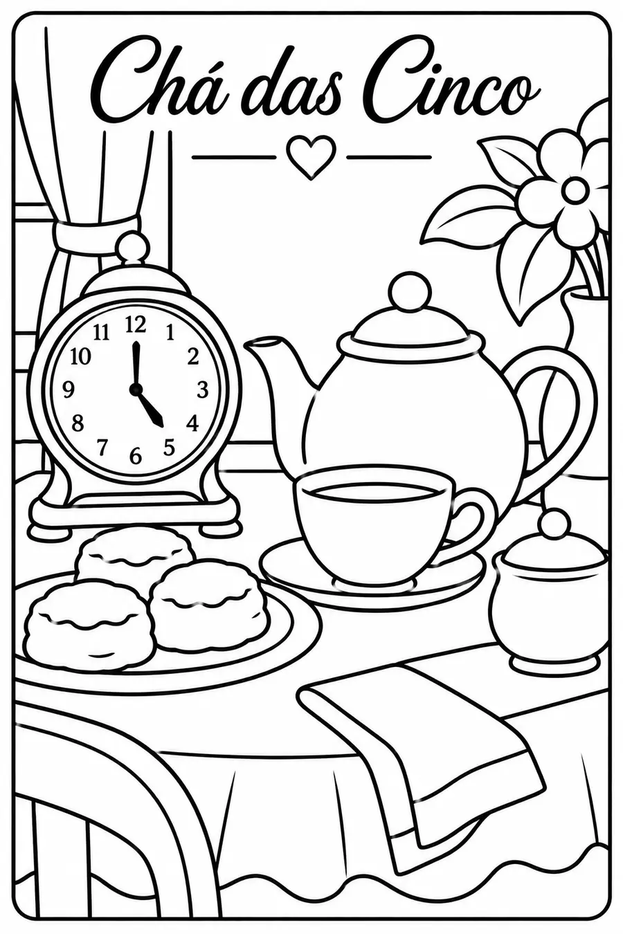 Página do Caderno de Colorir Momentos que Inspiram: ilustração 'Chá das Cinco', com bule, xícara, relógio e torradas para colorir.
