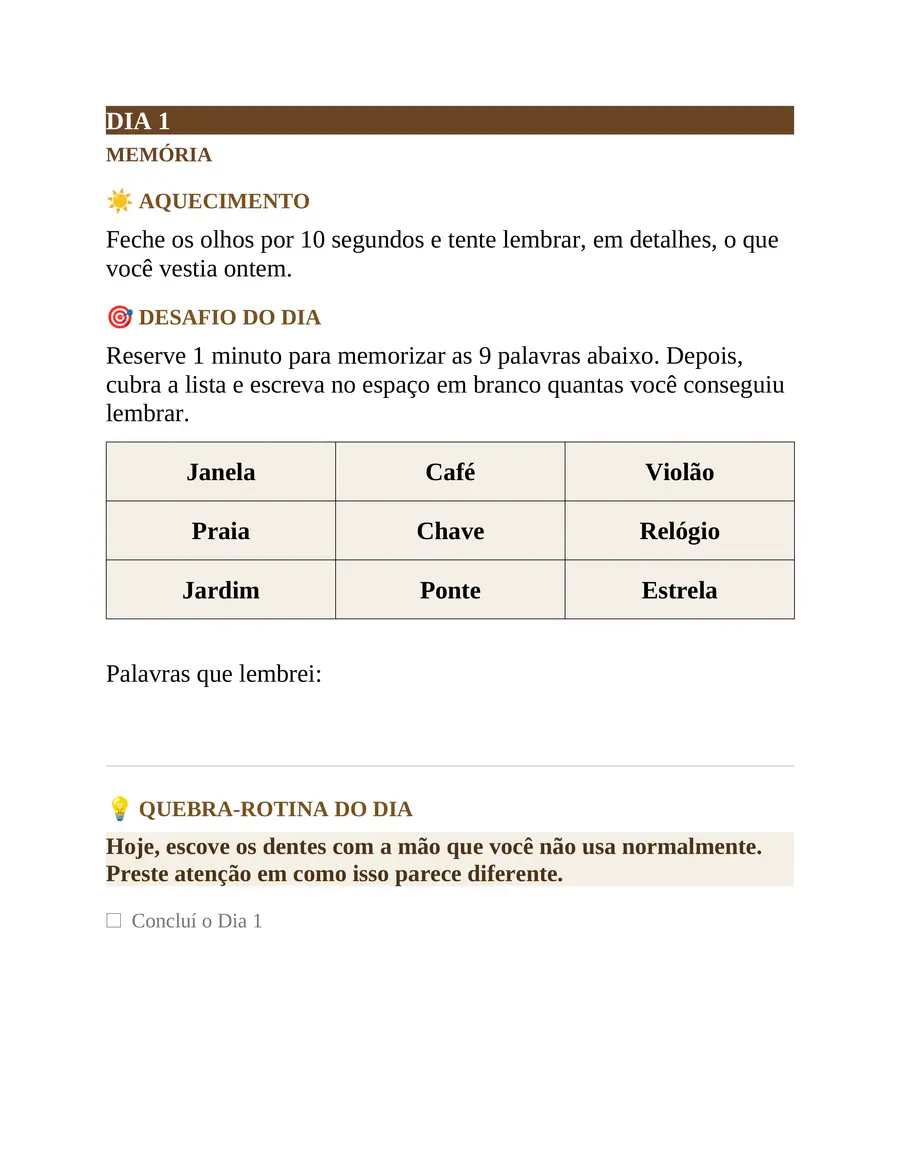 Página do caderno 30 Dias de Desafios: atividade de memória do Dia 1, com uma lista de 9 palavras para memorizar.