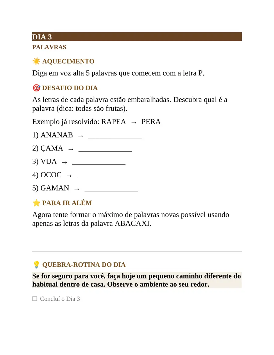 Página do caderno 30 Dias de Desafios: atividade de palavras do Dia 3, um desafio de anagramas de frutas.