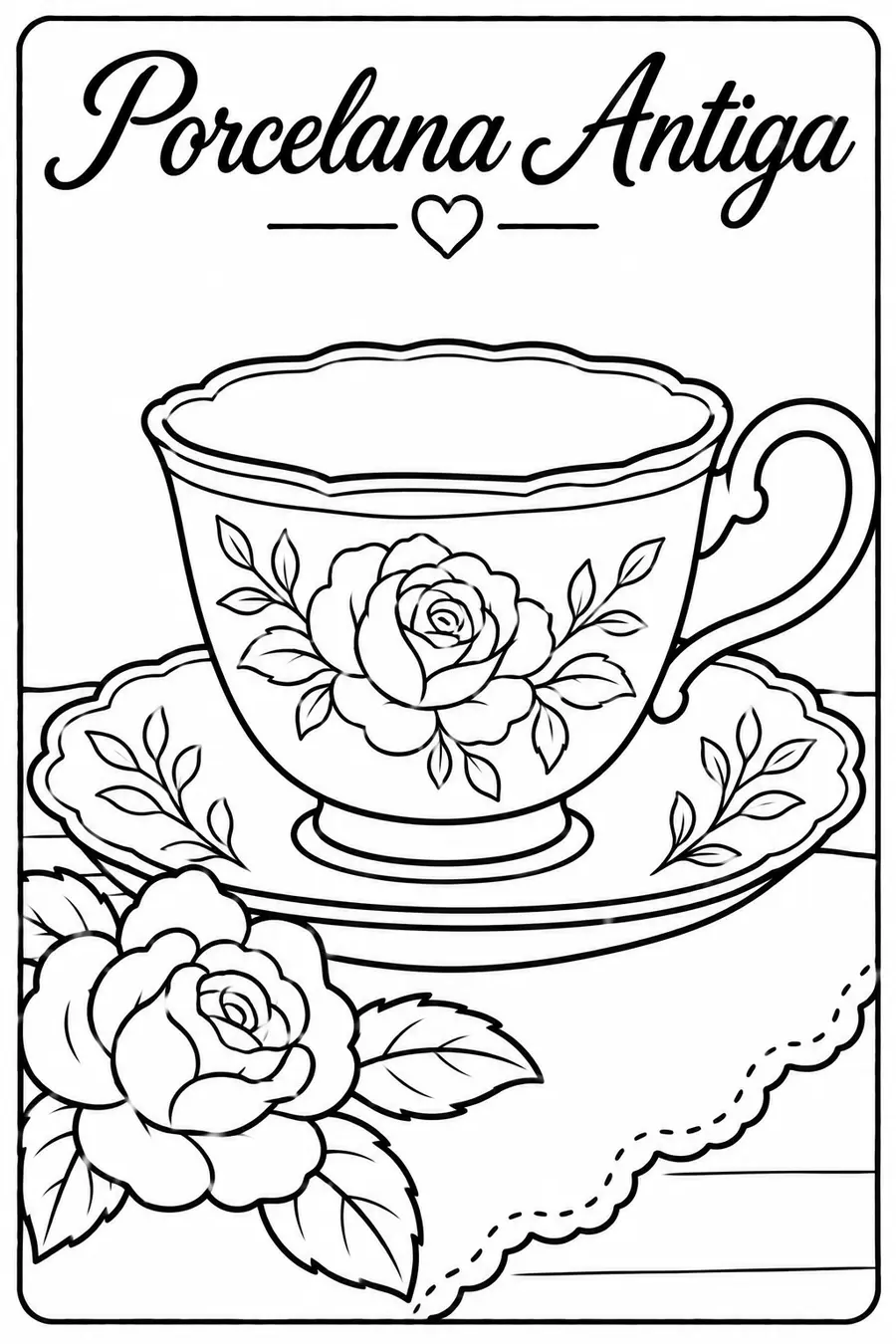 Página do Caderno de Colorir Momentos que Inspiram: ilustração 'Porcelana Antiga', com uma xícara florida sobre uma toalha de renda.