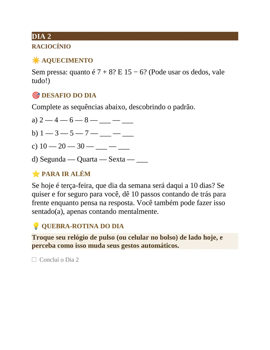 Página do caderno 30 Dias de Desafios: atividade de raciocínio do Dia 2, com sequências numéricas para completar.