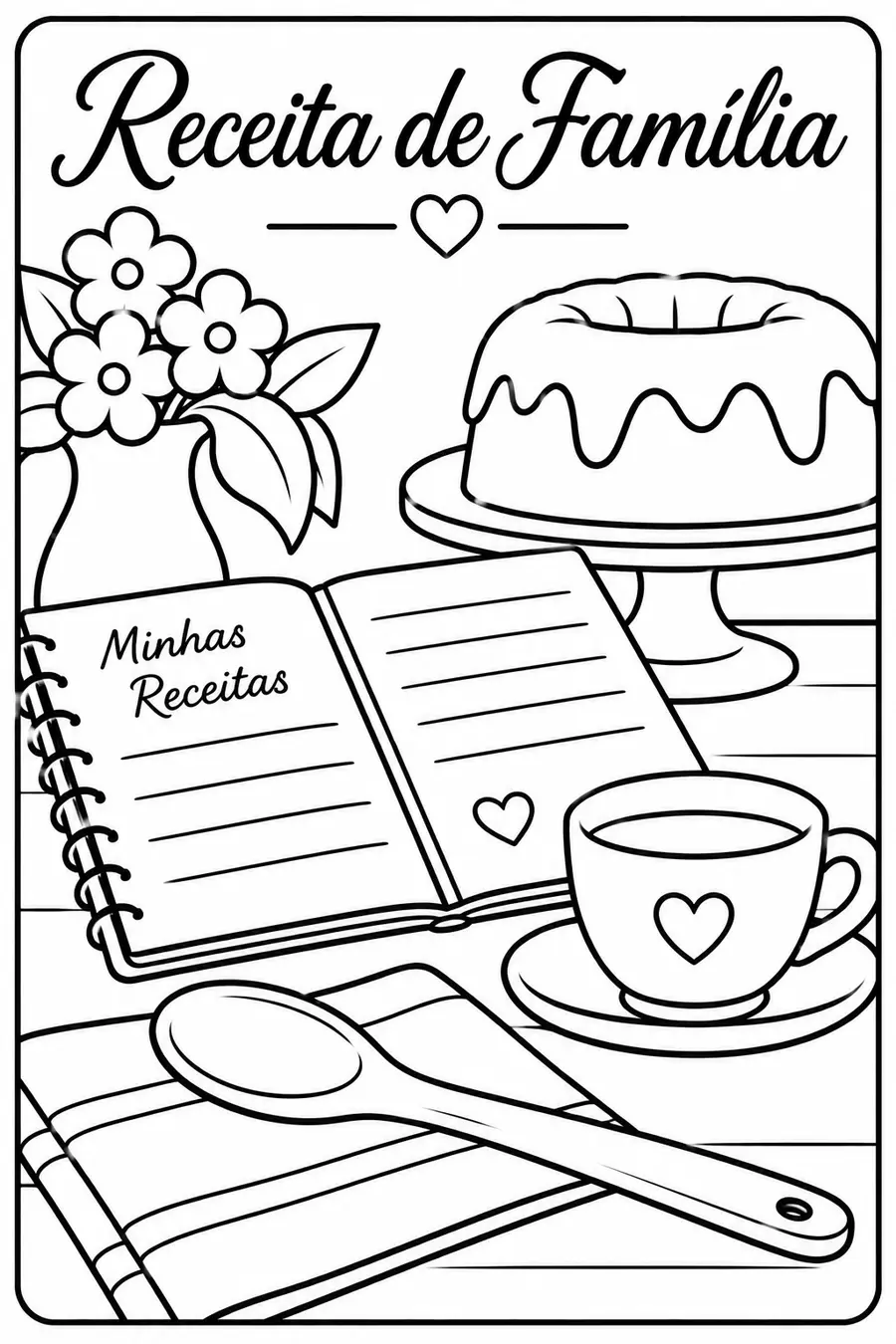 Página do Caderno de Colorir Momentos que Inspiram: ilustração 'Receita de Família', com um caderno de receitas aberto e um bolo.